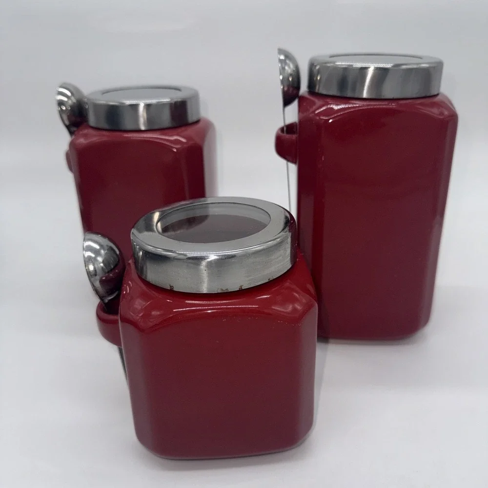Set of 3 Red/Silver Mainstay Canisters With Spoons